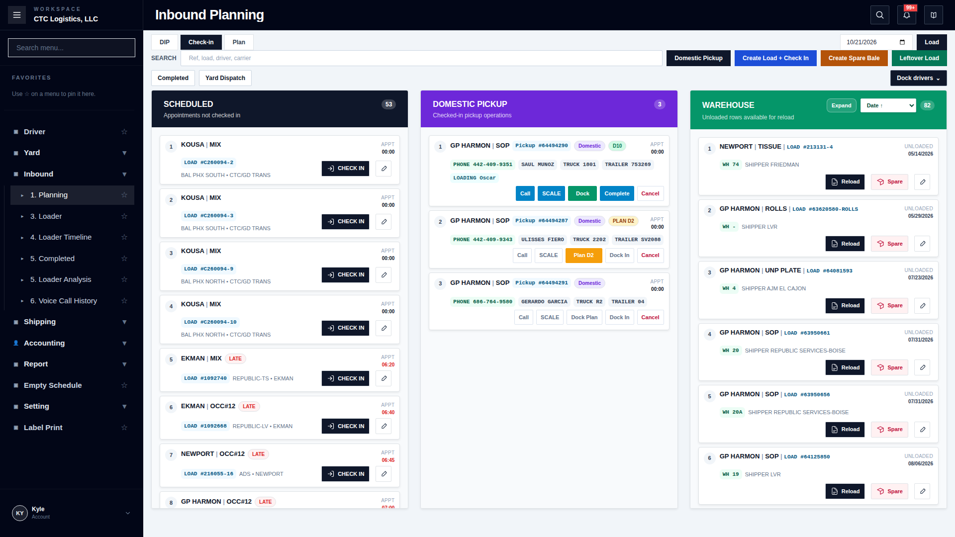 Inbound Planning · Check-in tab