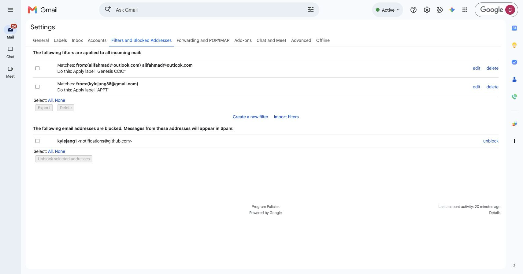 Gmail filter appt settings