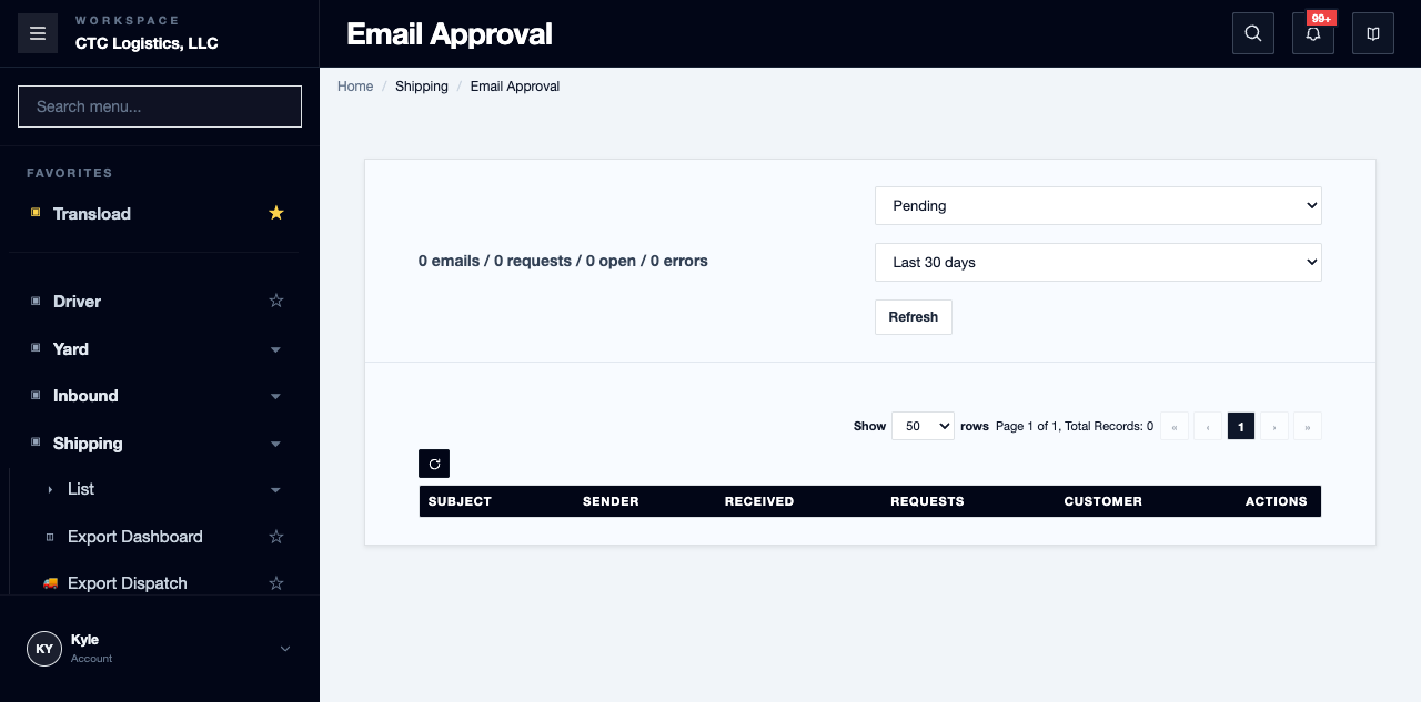 Shipping > Email Approval, the review modal