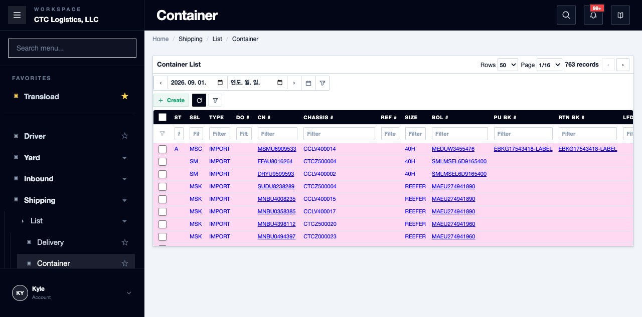 Yard > Container List with the 24-column layout