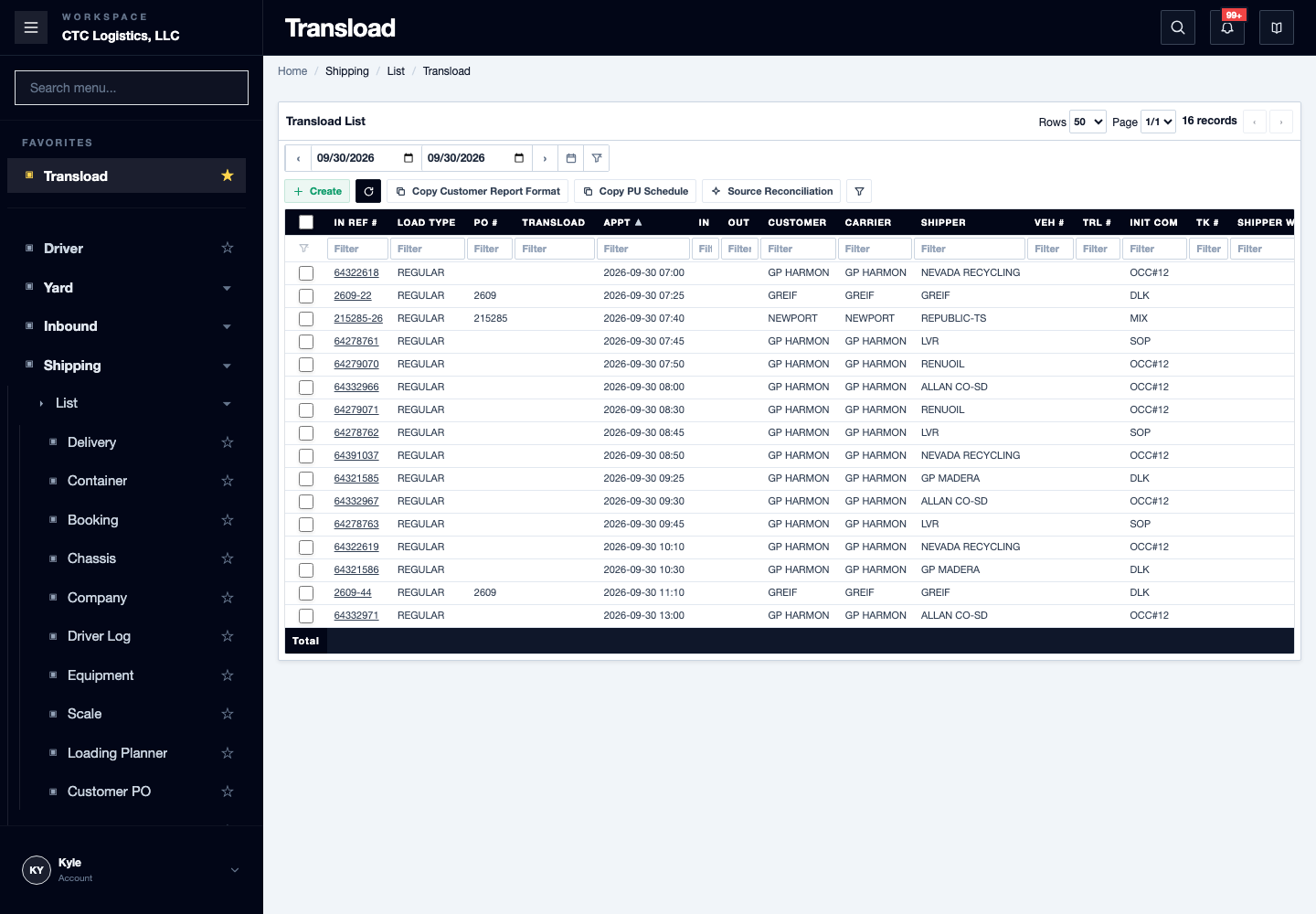 Transload List, the Bale Trk column