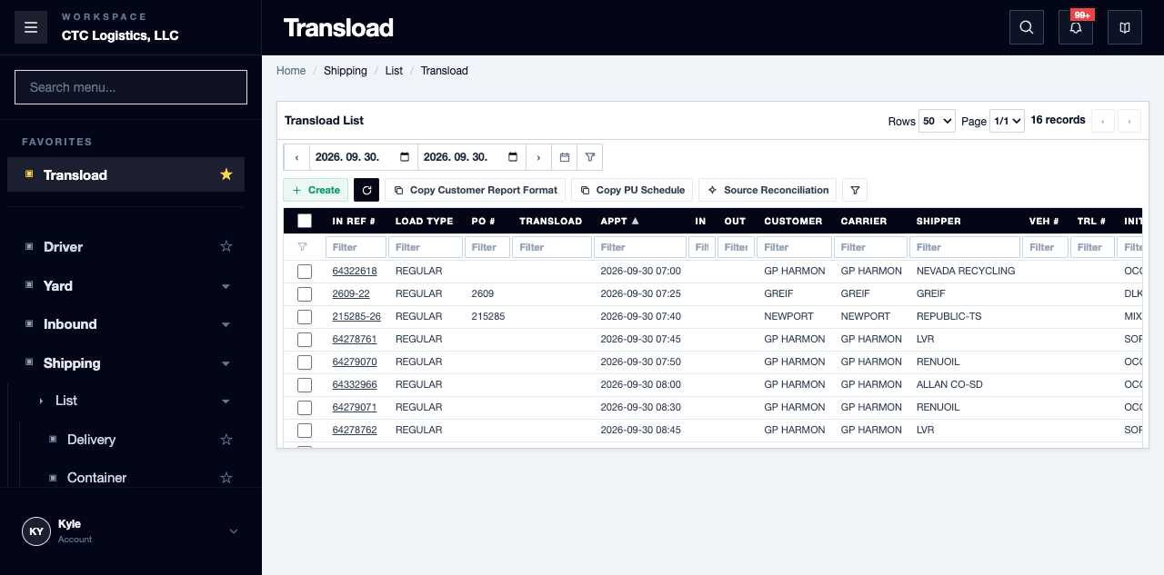 Transload List with the Bale Trk column filter