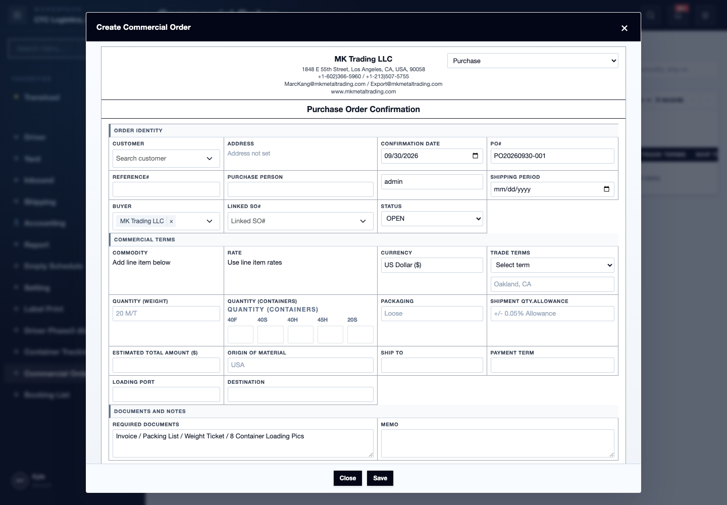 Create Order > Purchase