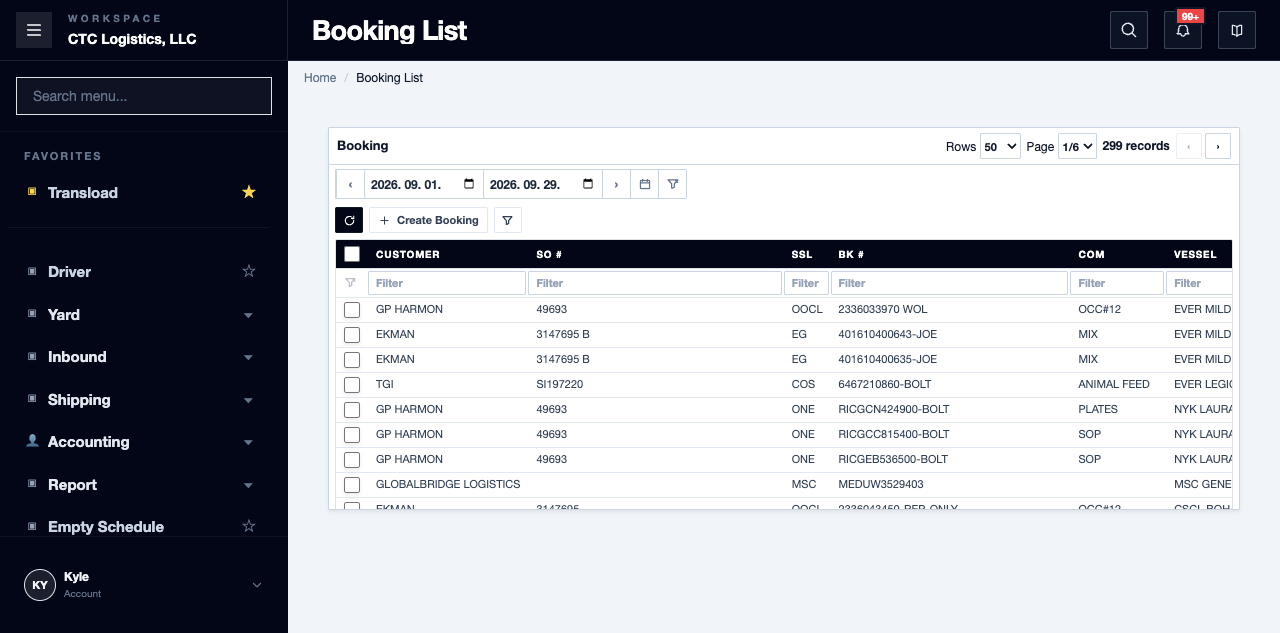 Booking Detail, where the container scope is chosen